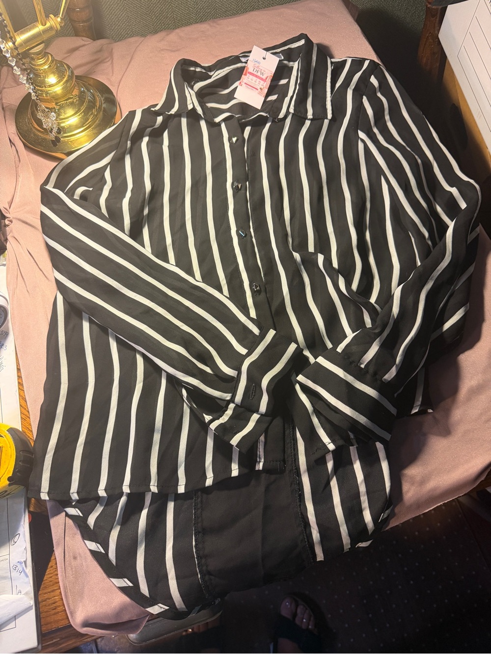 Sans Souci Black and White Vertical Stripe Button-Down Shirt